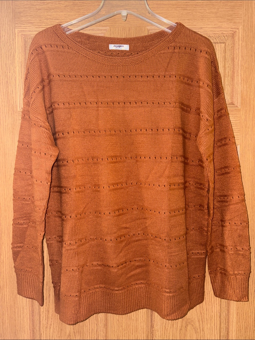 zeagoo Rust Orange Crewneck Pointelle Knit Sweater
